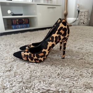 Dune London Animal Print Heels with Black and Gold Accents, size 38